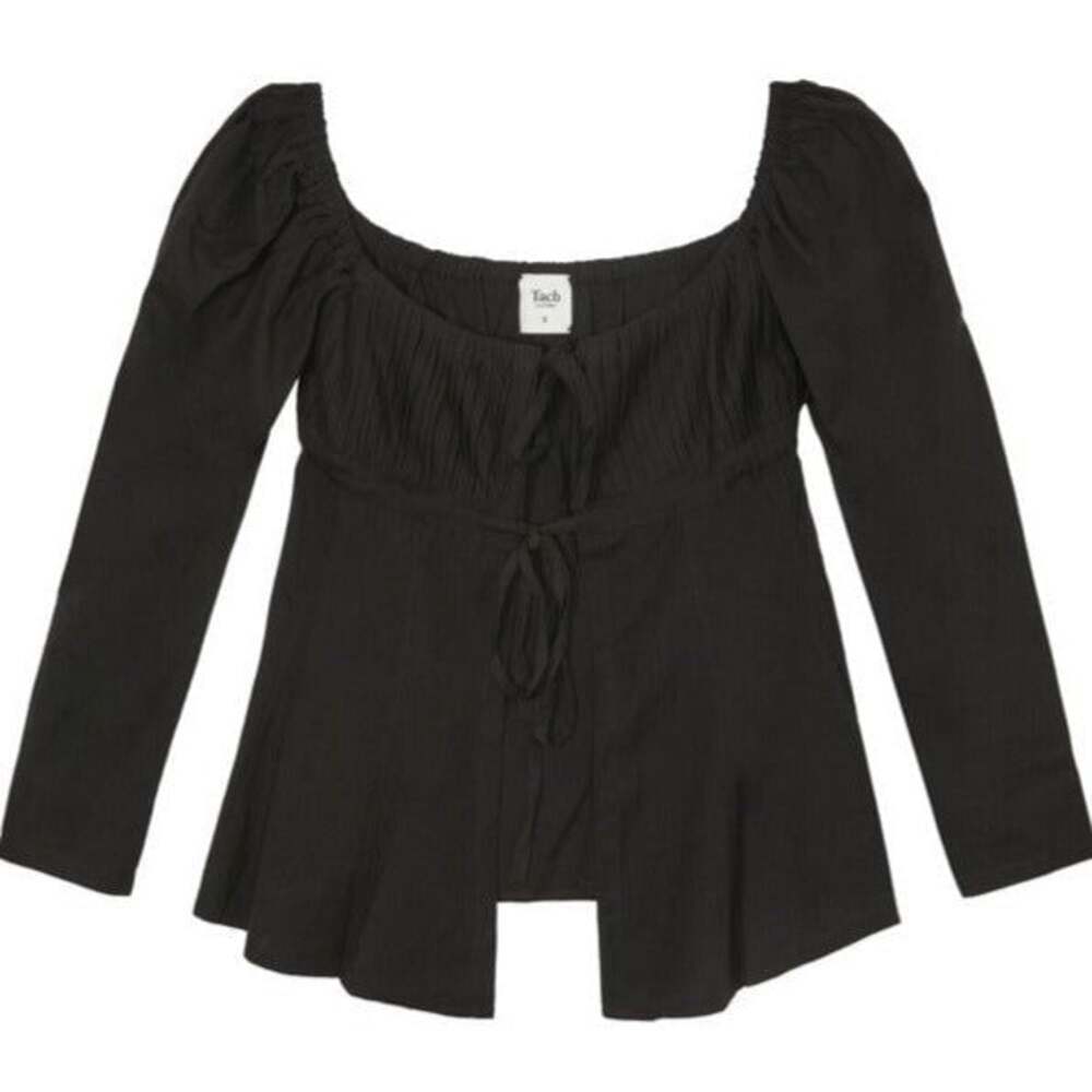Tach Clothing Black Linen Blend Tie-Front Peplum Top Size Small